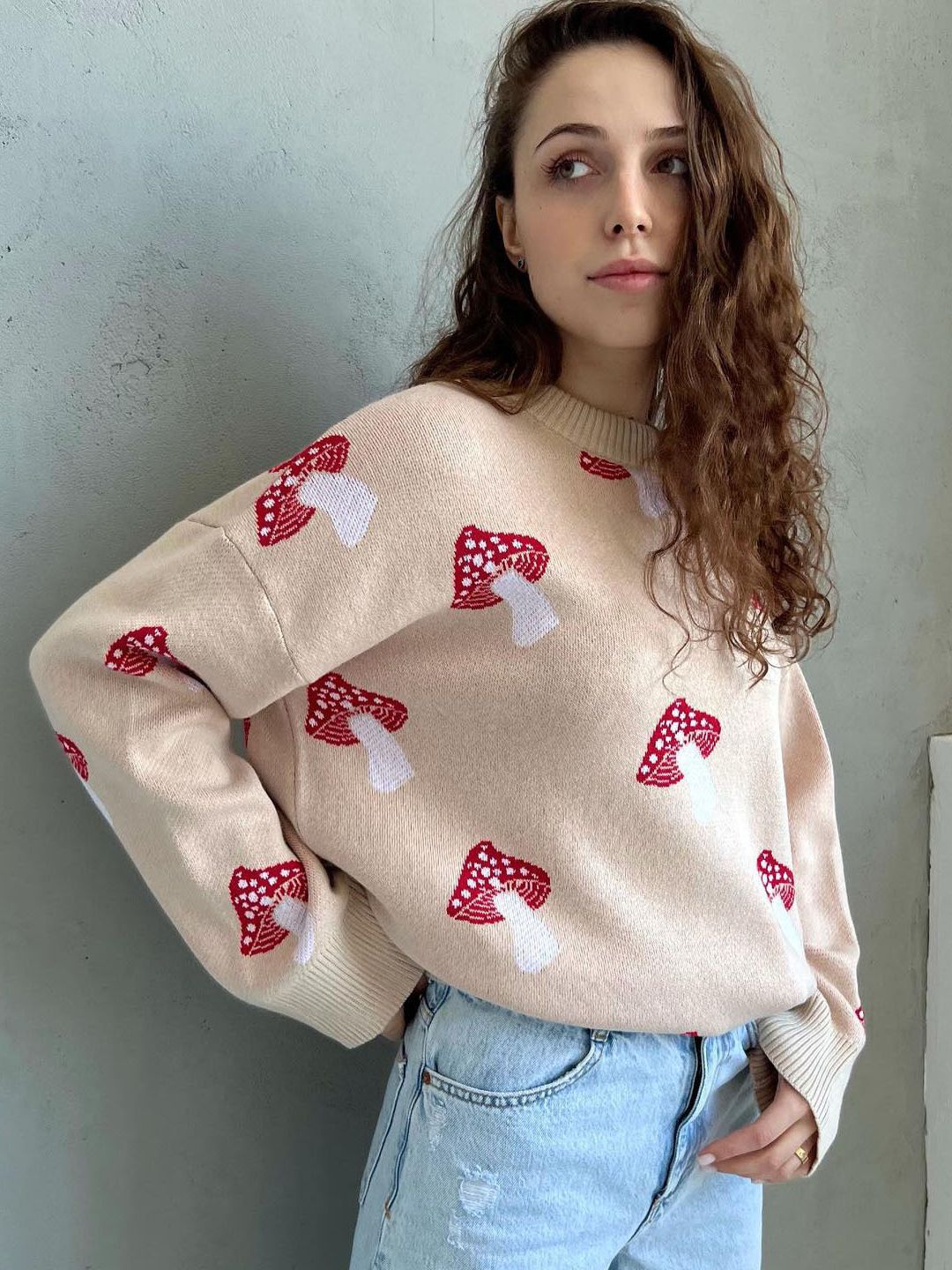 Women's Contrast Color Knit Coat with Mushroom Pattern