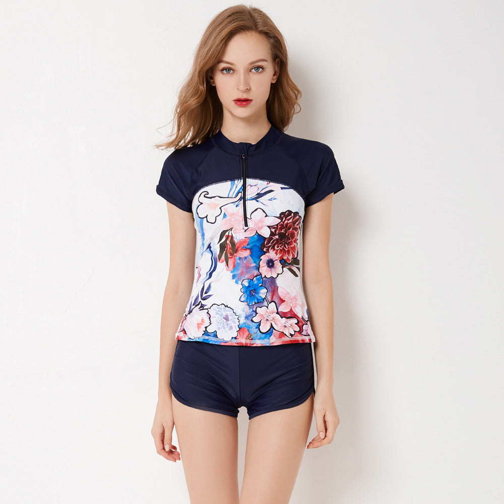 Women's Short Sleeve Conservative Split Swimsuit