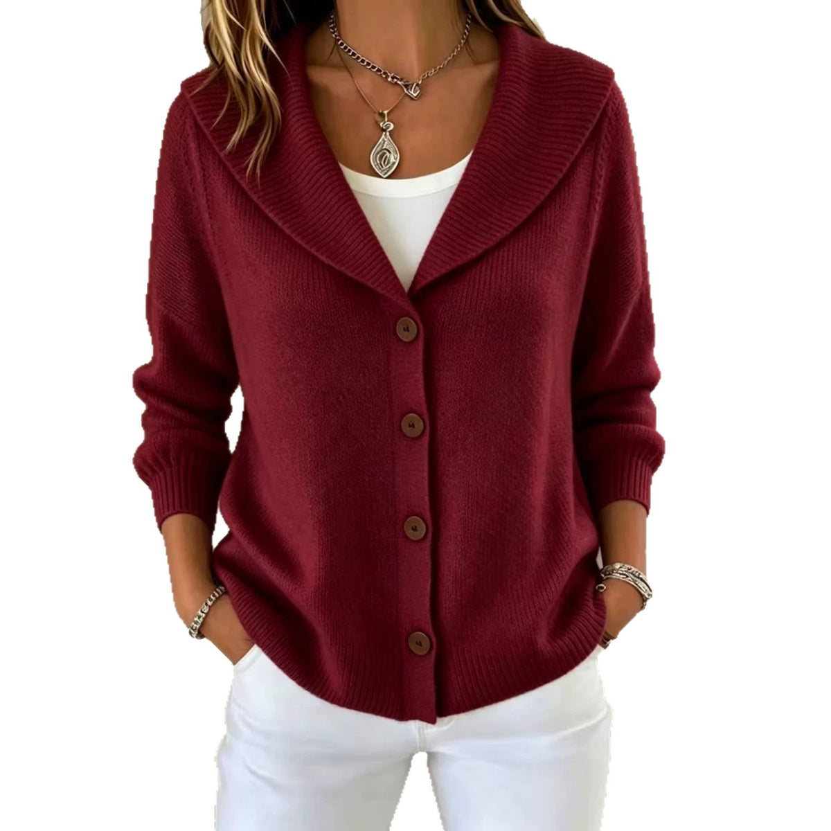 Womens Knitted Button-up Polo-neck Sweater