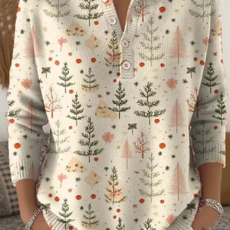 Women's Christmas Tree Art Print Buttoned Cardigan Sweater