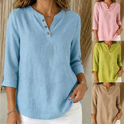 V-Neck Three-Quarter Sleeve Casual Shirt – Loose Fit, Trendy Colors