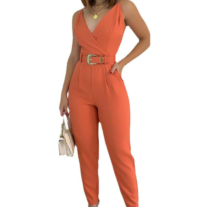 Chic V-Neck Tie Waist Slimming Jumpsuit for Women