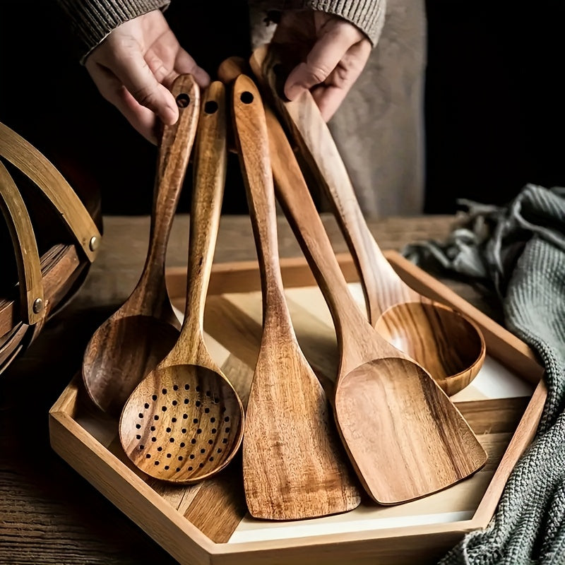 5-Piece Premium Wooden Kitchen Utensils Kit -Ergonomic Handles Natural Wooden Spoons Spurtle Ladle and Wok Spatulas for Non-Stick Pans Heat Resistant Easy to Clean and Durable Kitchen Essentials Co...