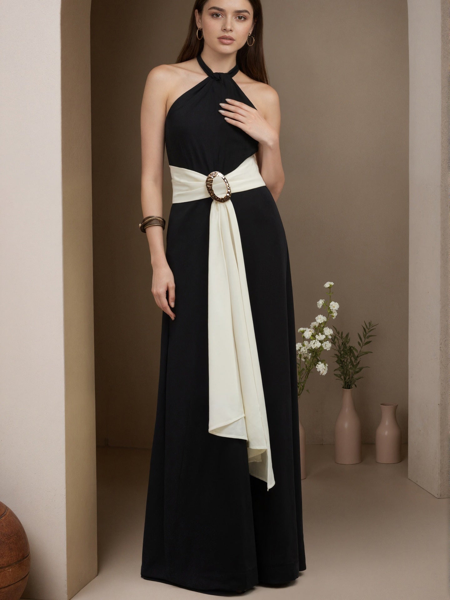 Chic Color-Blocked French Halter Wide-Leg Jumpsuit