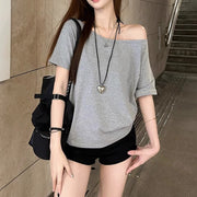 Retro Off‑Shoulder Short‑Sleeve Top – Solid Color Cotton Pullover