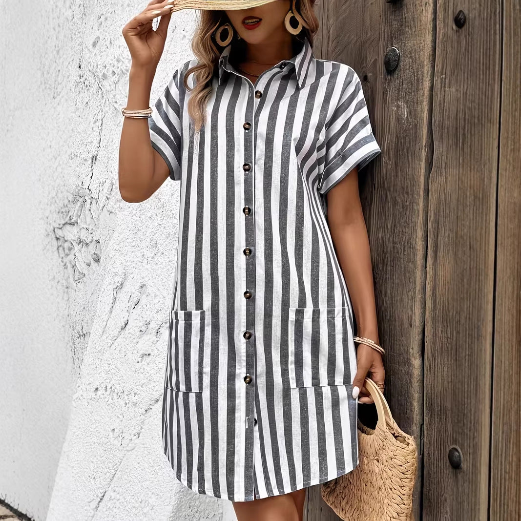Loose-fit Striped Elegant Single-breasted Dress