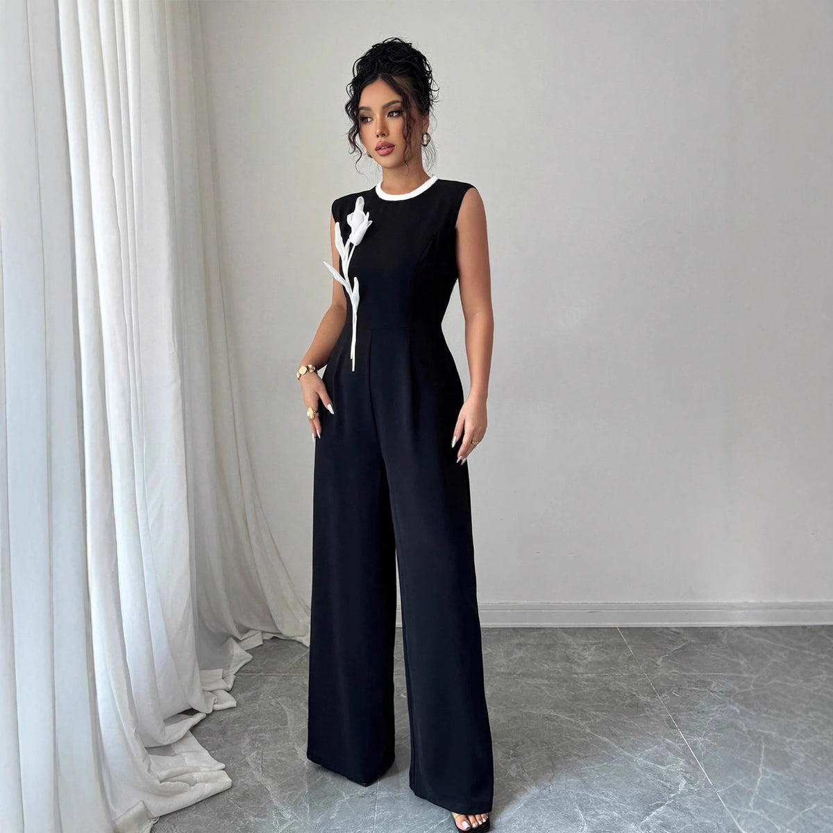 Elegant Embroidered Black Sleeveless Wide-Leg Jumpsuit