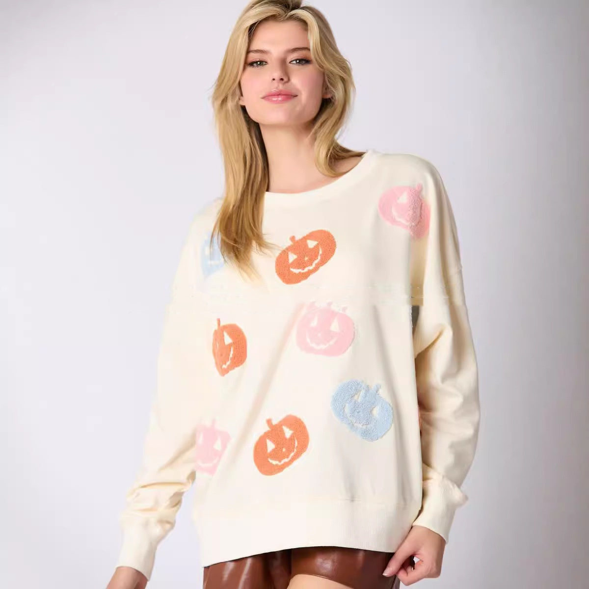 Women's Halloween Pumpkin Embroidered Loose Casual Sweater Top