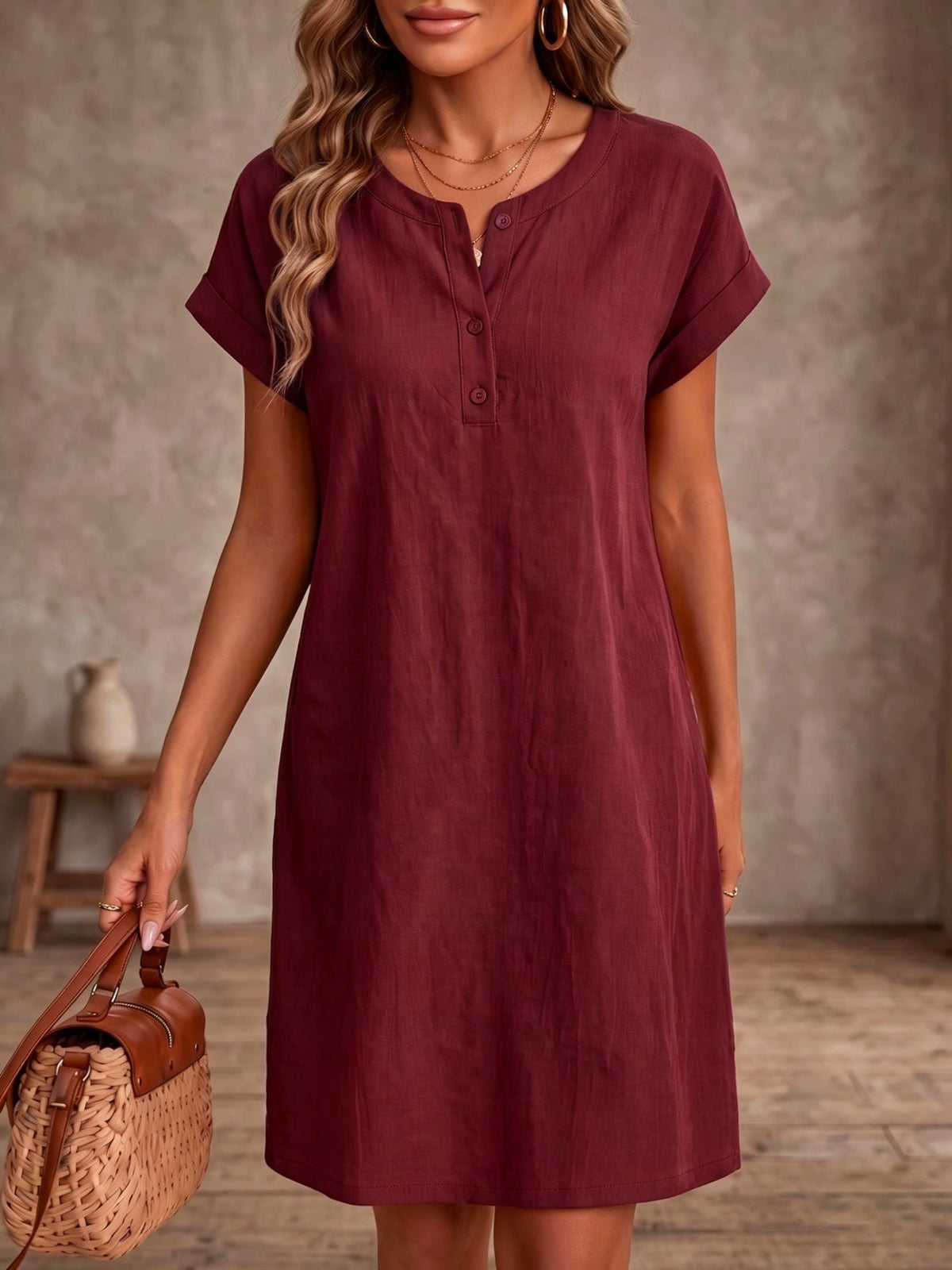 Womens Loose-fitting Round-neck Button-front Short-sleeve Dress