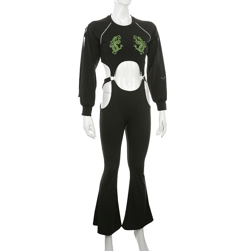 Embroidered Long Sleeve High-Waist Jumpsuit