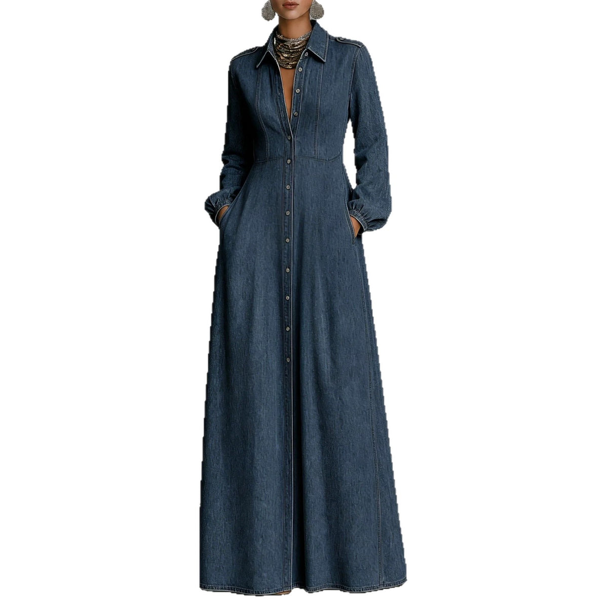 Slim-Fit Denim Lapel Swing Dress with Waist-Cinching Design
