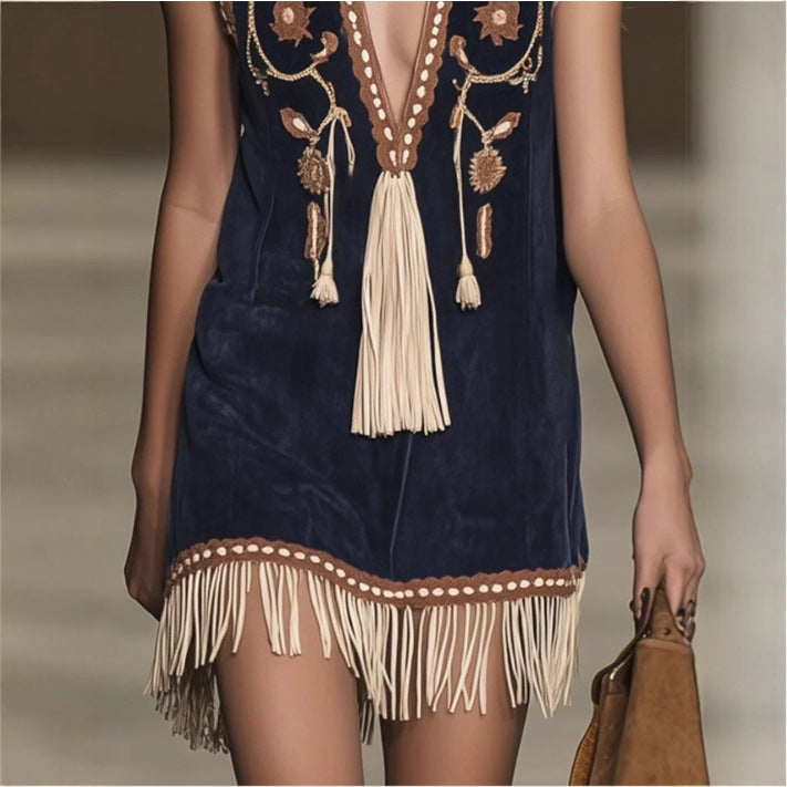 Casual Relaxed-fit Vintage Suede Fringed Sleeveless Dress