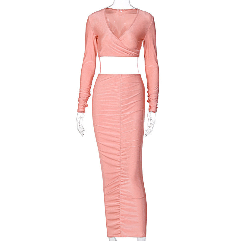 European And American Sexy Fashion Suit New Long-Sleeved V-Neck Blouse Hip Slim Skirt
