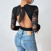 Seductive Black Lace V-Neck Bodysuit with Hollow Back