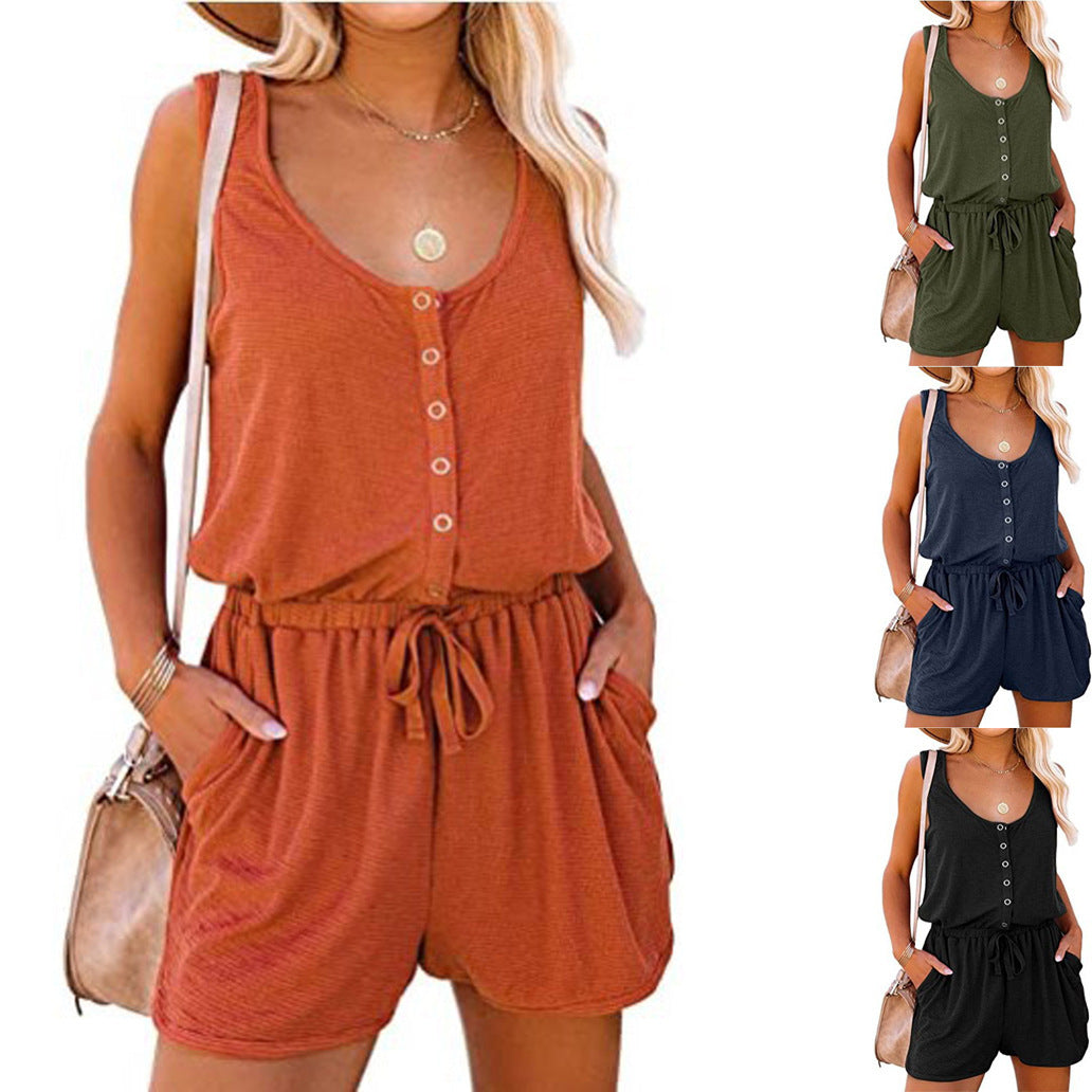 Summer Sleeveless Lace-Up Wide-Leg Romper