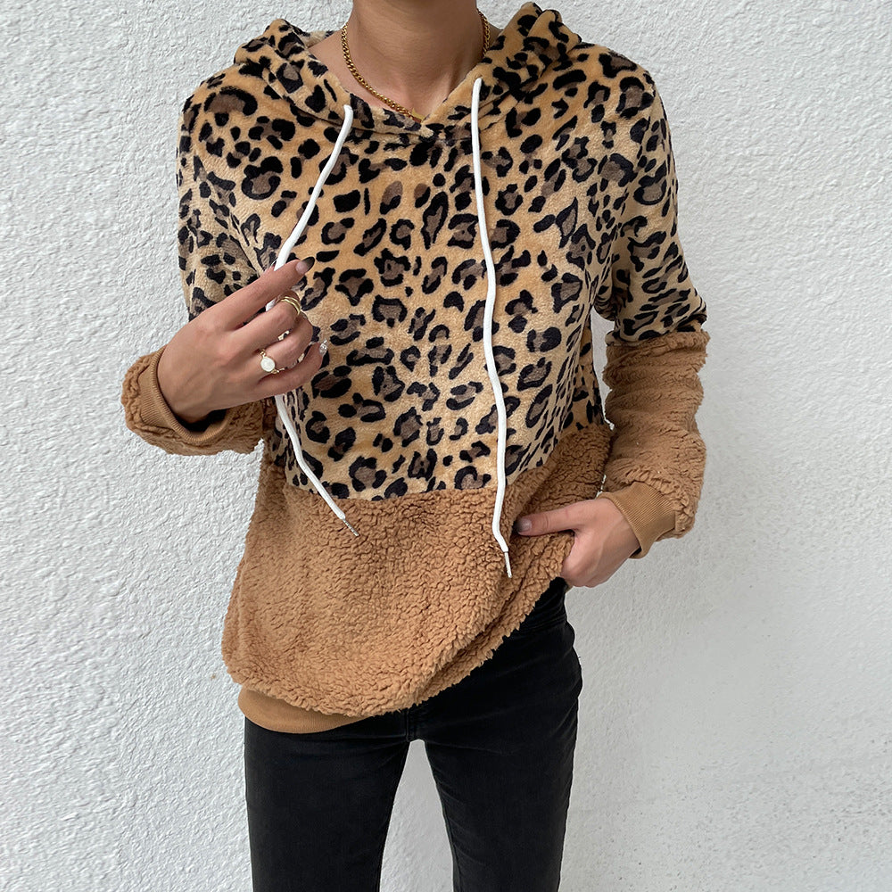 Cozy Leopard Patchwork Velvet Hoodie for Women