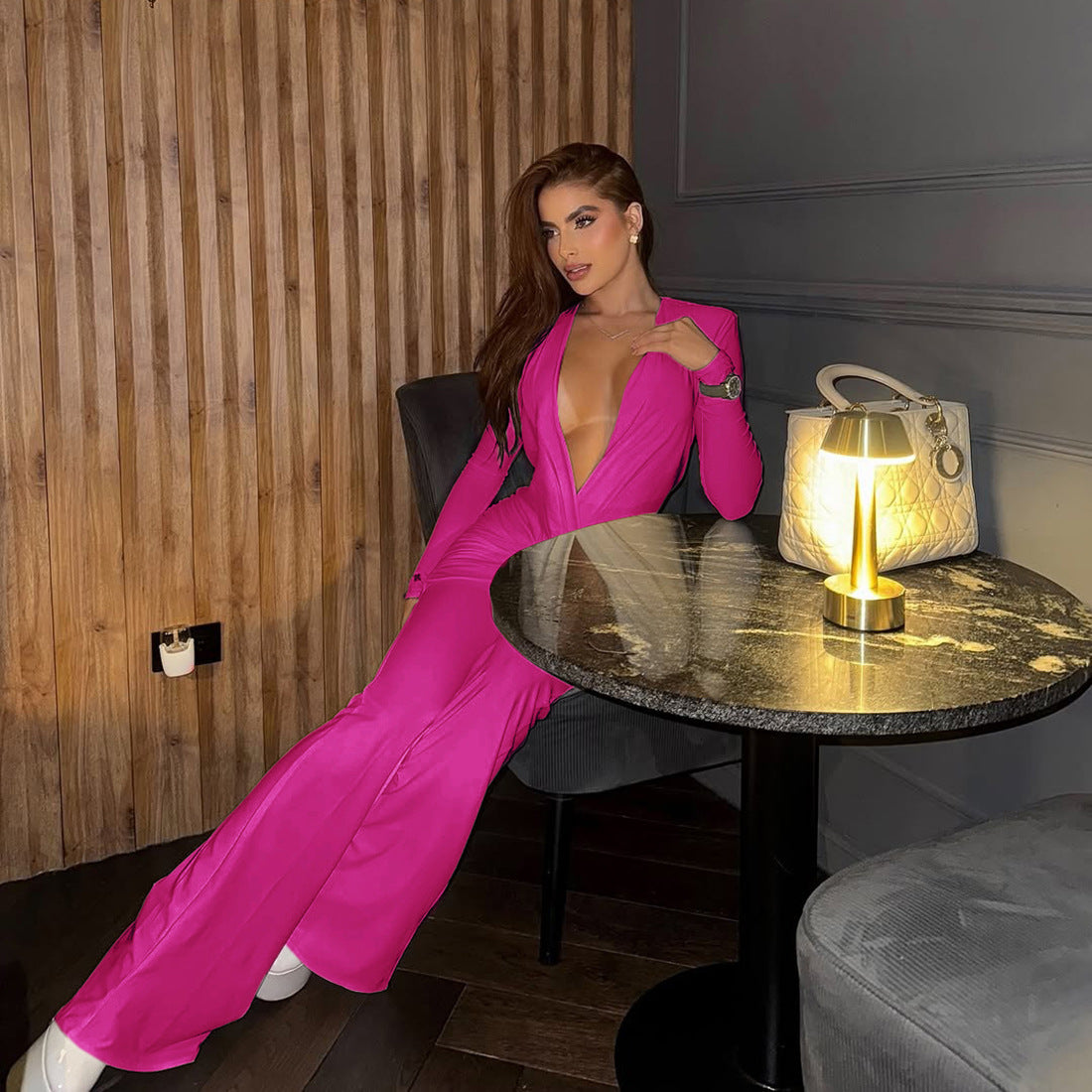 Women's Sexy Deep V Slim-Fit Flared Jumpsuit