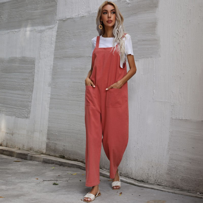 European And American Style Casual Simple Pocketed Sleeveless Suspender Jumpsuit