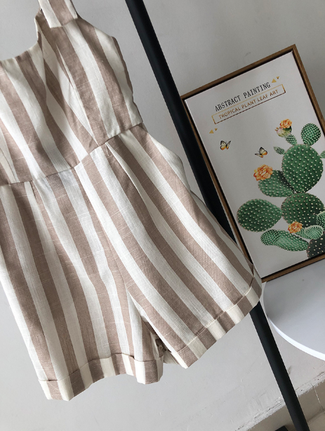 Sexy Backless Striped High-Waist Jumpsuit Shorts