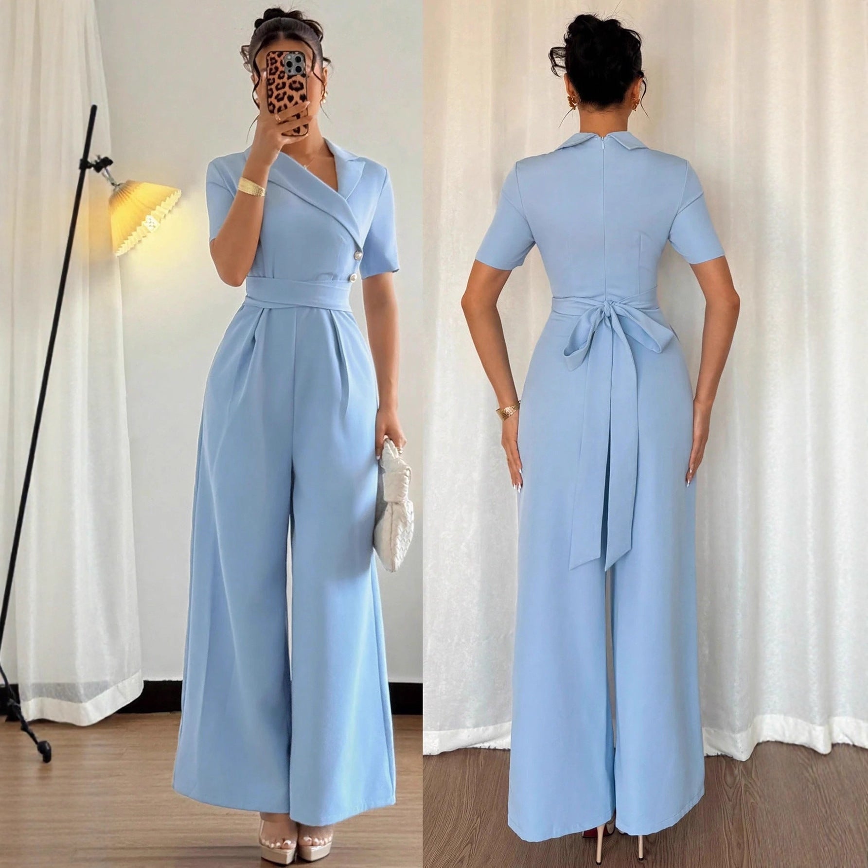 Women's Blue Off-Shoulder Belted Slim Jumpsuit