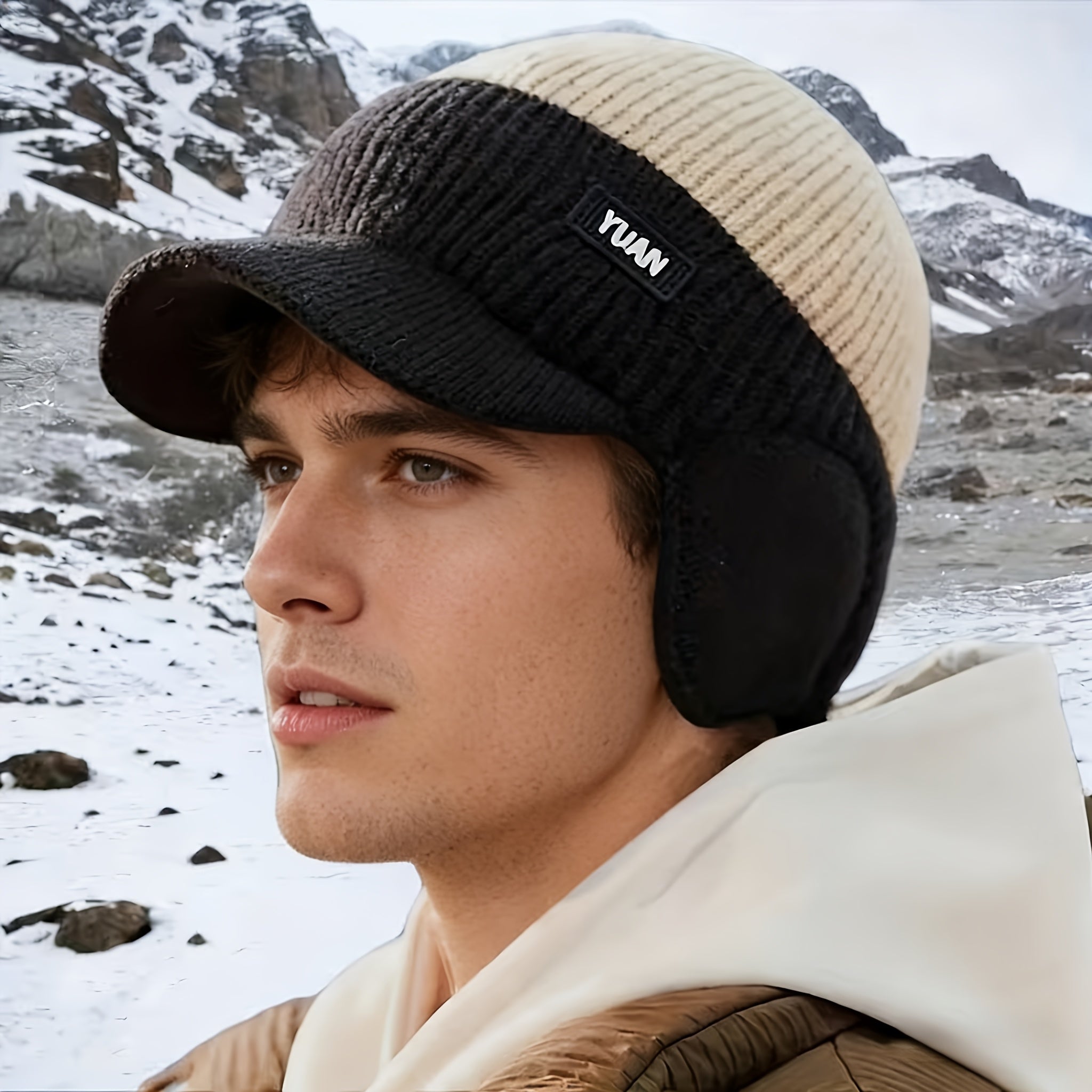 Men's Winter Lined Thick Knit Hat with Ear Flaps and Color‑Block Sun Visor – Cold‑Weather Outdoor Travel