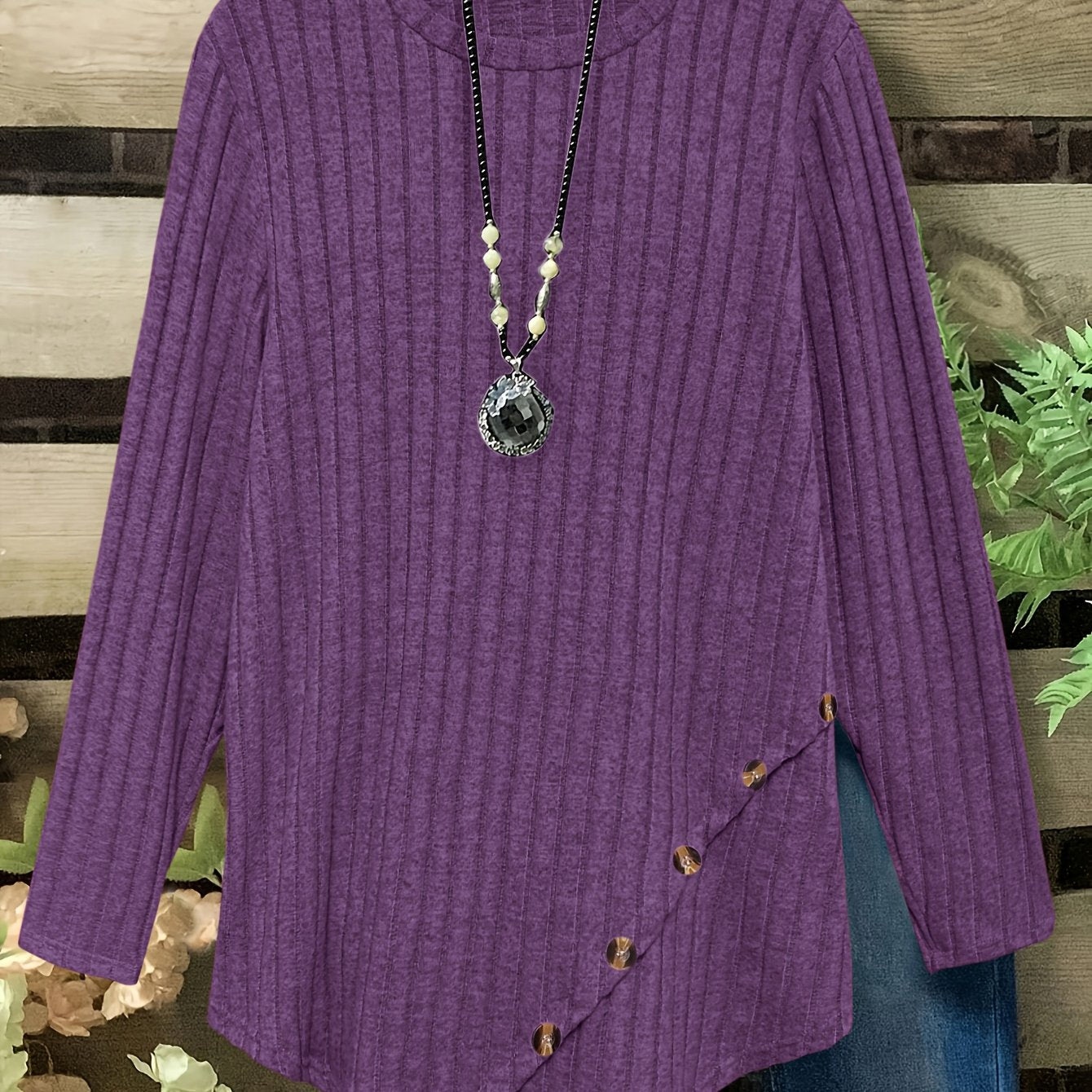 Plus Size Lightweight Ribbed Long Sleeve T-Shirt with Asymmetrical Hem