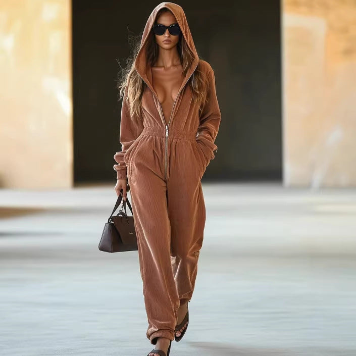 Relaxed-fit Retro Solid-color Corduroy Jumpsuit With Pockets And A Zipper