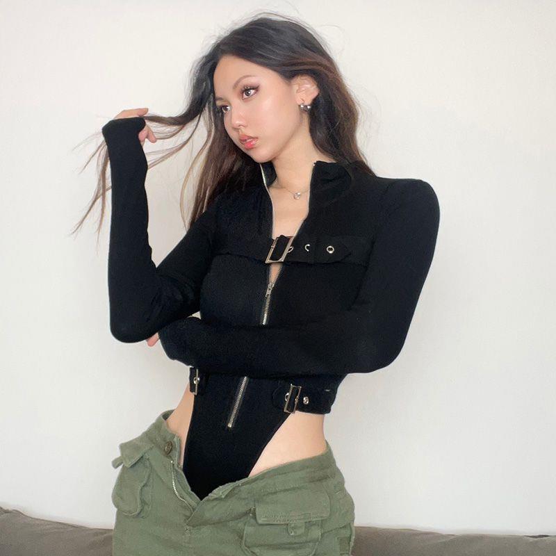 Edgy Metal Buckle Zip Slim Fit Jumpsuit