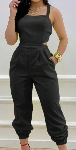 Women Casual Solid Color Strap Backless Jumpsuits With Ankle Cuffs For Spring Summer