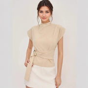 Slim Fit Gray-White Half-High-Neck Top – Elegant & Professional