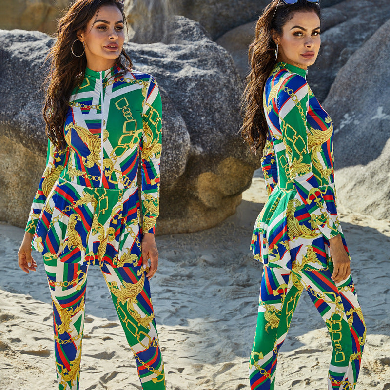 Women's Printed High-Neck Long-Sleeve Sun-Protective Swimsuit