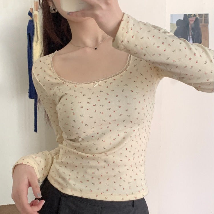 Floral Lace Long Sleeve Slim Crop Top