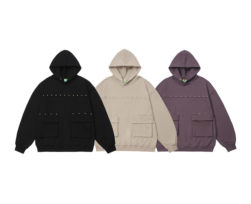 Men's Streetwear Hooded Terry Sweater with Rivets