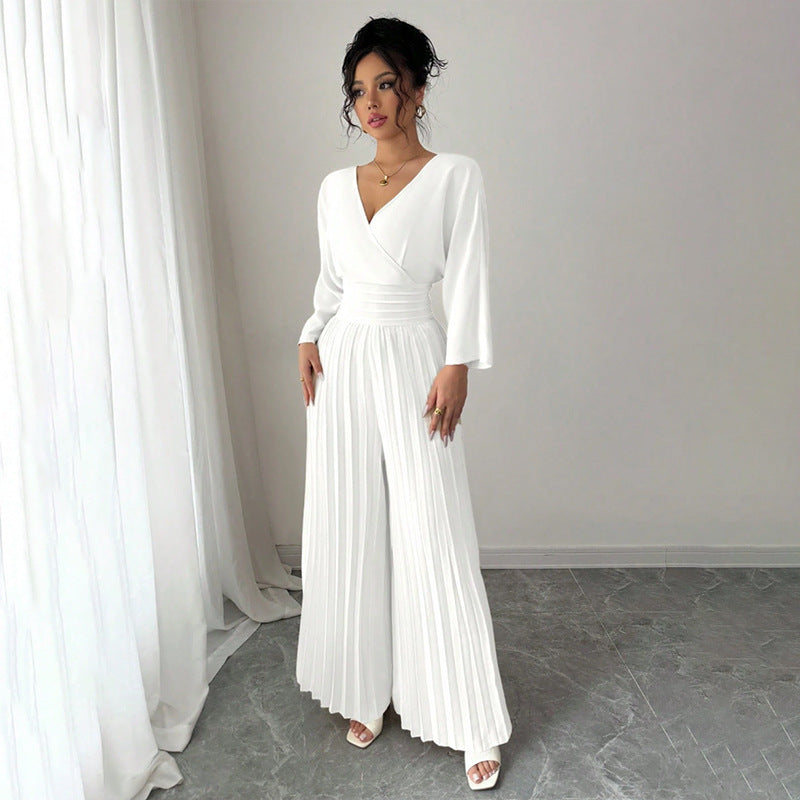 Solid-color Pleated Jumpsuit Pants For Women