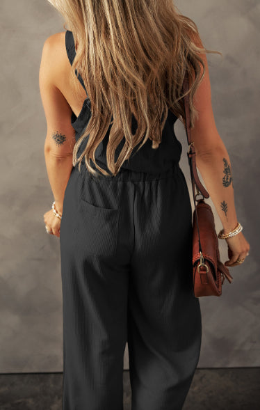 Pale Khaki Knotted Drawstring Textured Jumpsuit