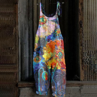 Women's Printed Street Hipster Fashion Multi-color Cotton And Linen Suspender Jumpsuit