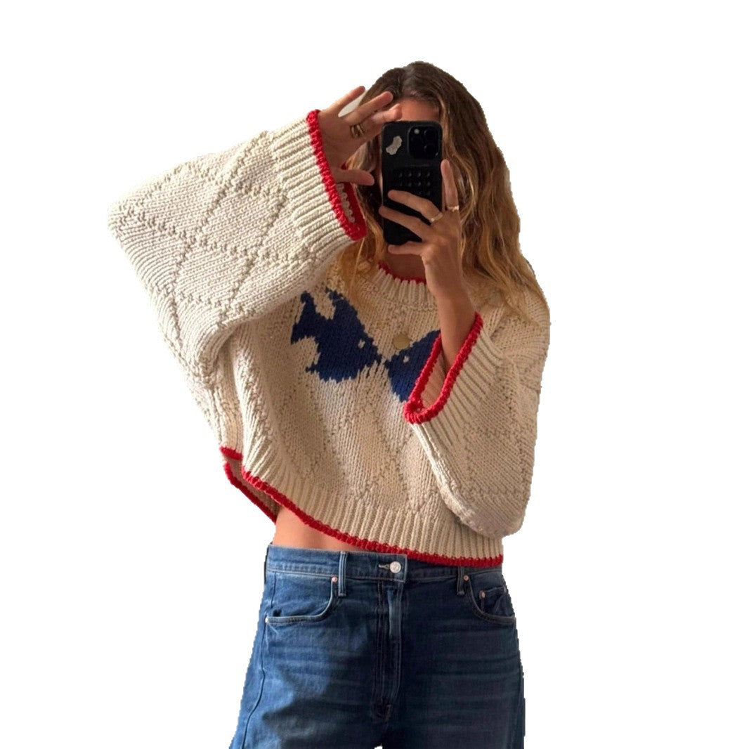 Retro Contrasting Color Jacquard Knit Loose Casual Sweater
