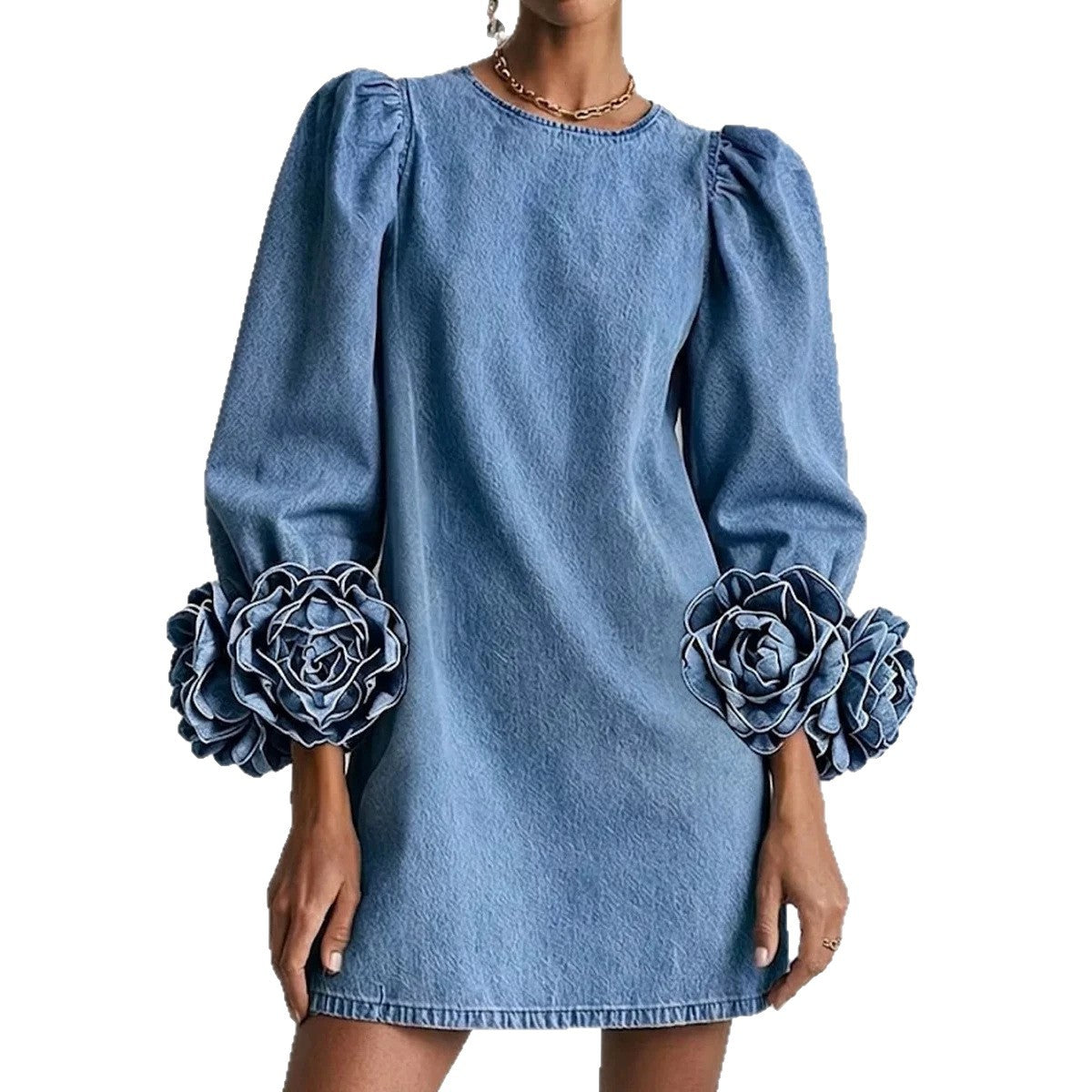 Three-dimensional Rose Cuff Puff-sleeve Denim-look Dress