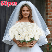50pcs White Rose Stems - Lifelike Artificial Roses, Red Faux Flowers for DIY Wedding Bouquets, Bridal Gifts & Elegant Floral Decorations – Perfect for Valentine's Day, Anniversaries, Holidays, Office…