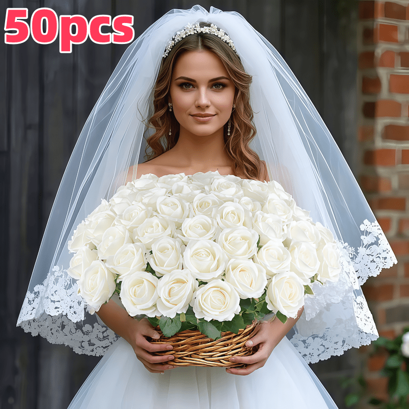 50pcs White Rose Stems - Lifelike Artificial Roses, Red Faux Flowers for DIY Wedding Bouquets, Bridal Gifts & Elegant Floral Decorations – Perfect for Valentine's Day, Anniversaries, Holidays, Office…