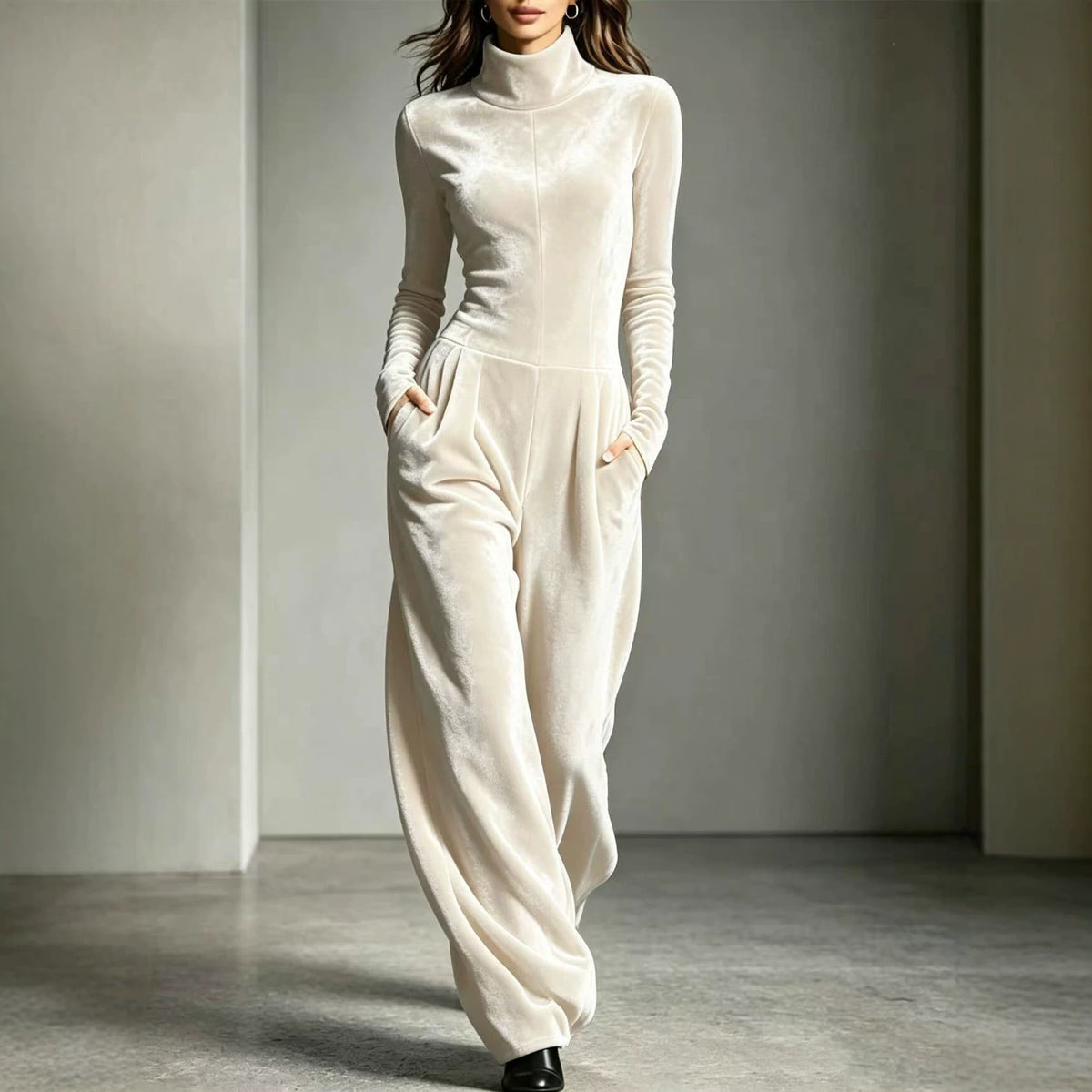 Women's Casual Turtleneck Long-Sleeve Solid Jumpsuit