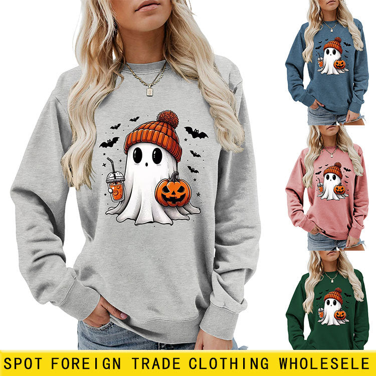 Pumpkin Print Long Sleeve Crew Neck Sweatshirt