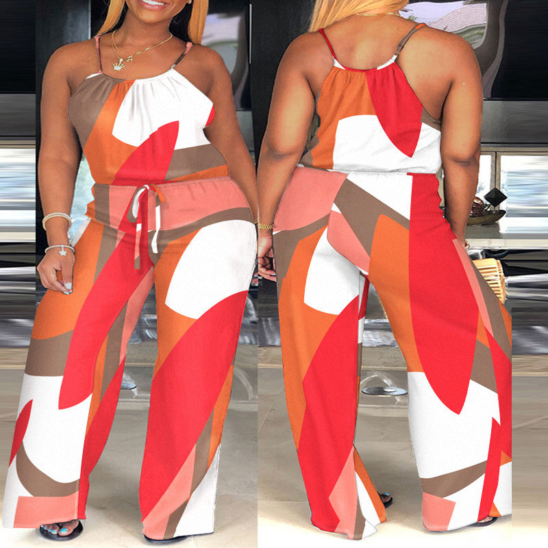 Chic Printed Pleated Suspender Jumpsuit for Women