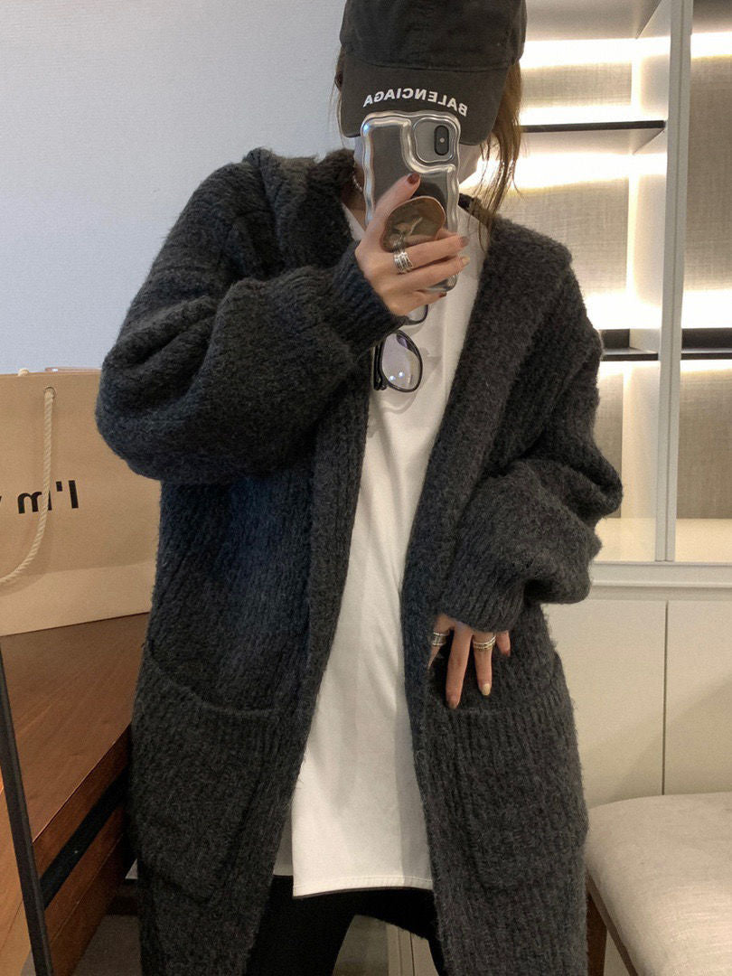 Womens Solid-color Loose Hooded Sweater Jacket