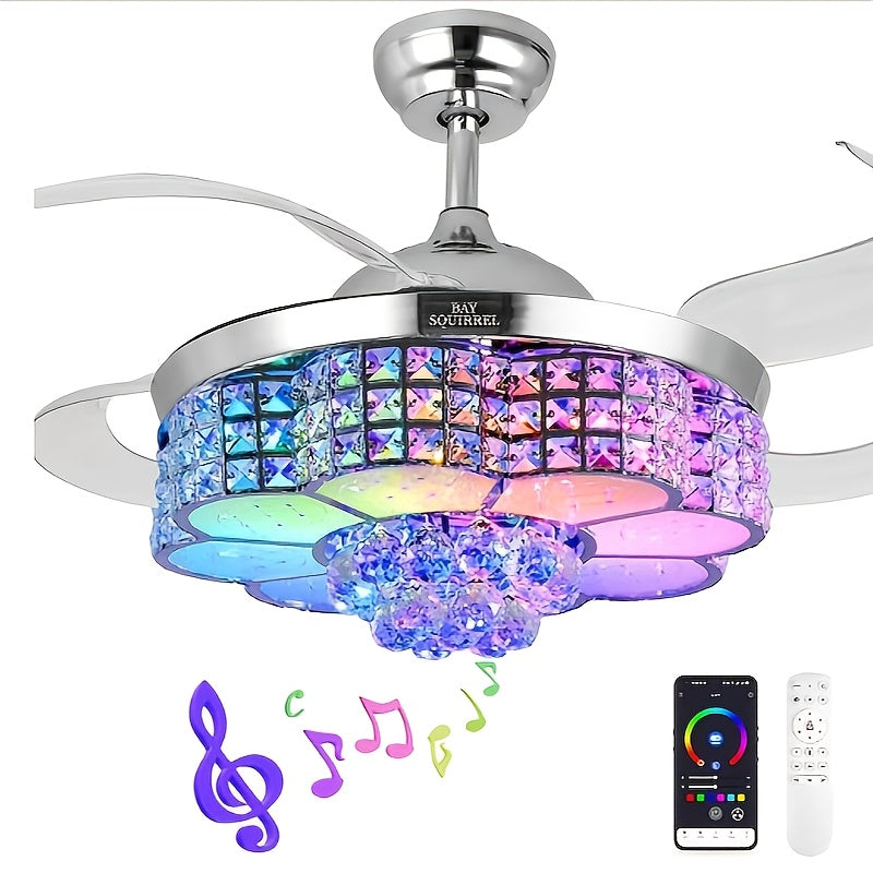 42‑Inch RGB Ceiling Fan with Crystal Light, Infinite Dimming, Light Memory, Built‑in Speakers, 6‑Speed Reversible Blades, Flush‑Mount Chandelier Design, Remote and App Control
