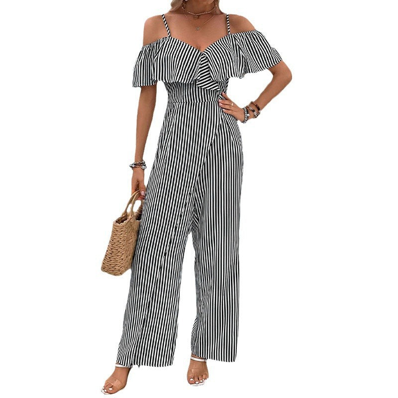 Summer New Striped Strap Wide Leg Jumpsuit For Women