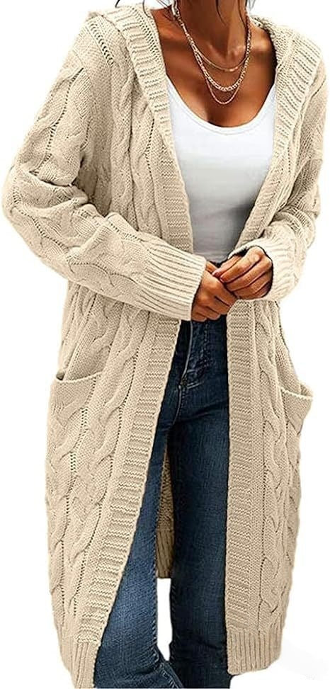 Long Knitted Plus-size Solid-color Sweater with Long Sleeves and Pockets