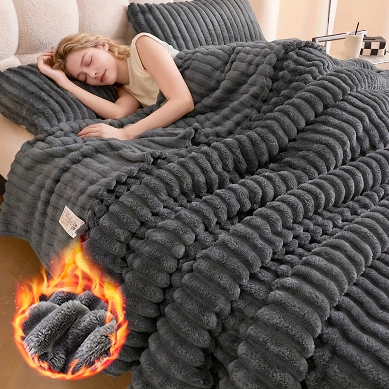 Thickened Fleece Blanket - Reversible Faux Rabbit Hair Texture, Soft & Warm All-Season Luxury Bedspread, Contemporary Striped Design in - Plush Thermal Insulation for Home, Office, Multi-Use Indoor...