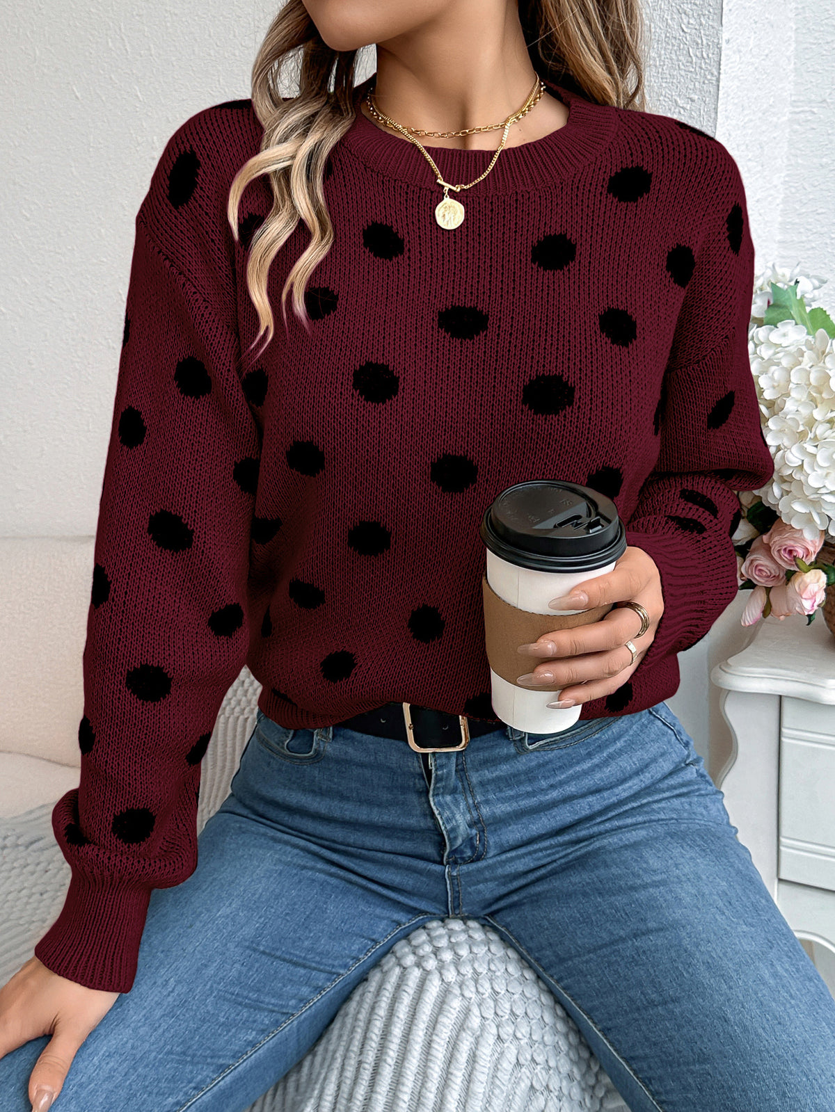 Casual Color Block Polka Dot Long Sleeve Pullover Sweater