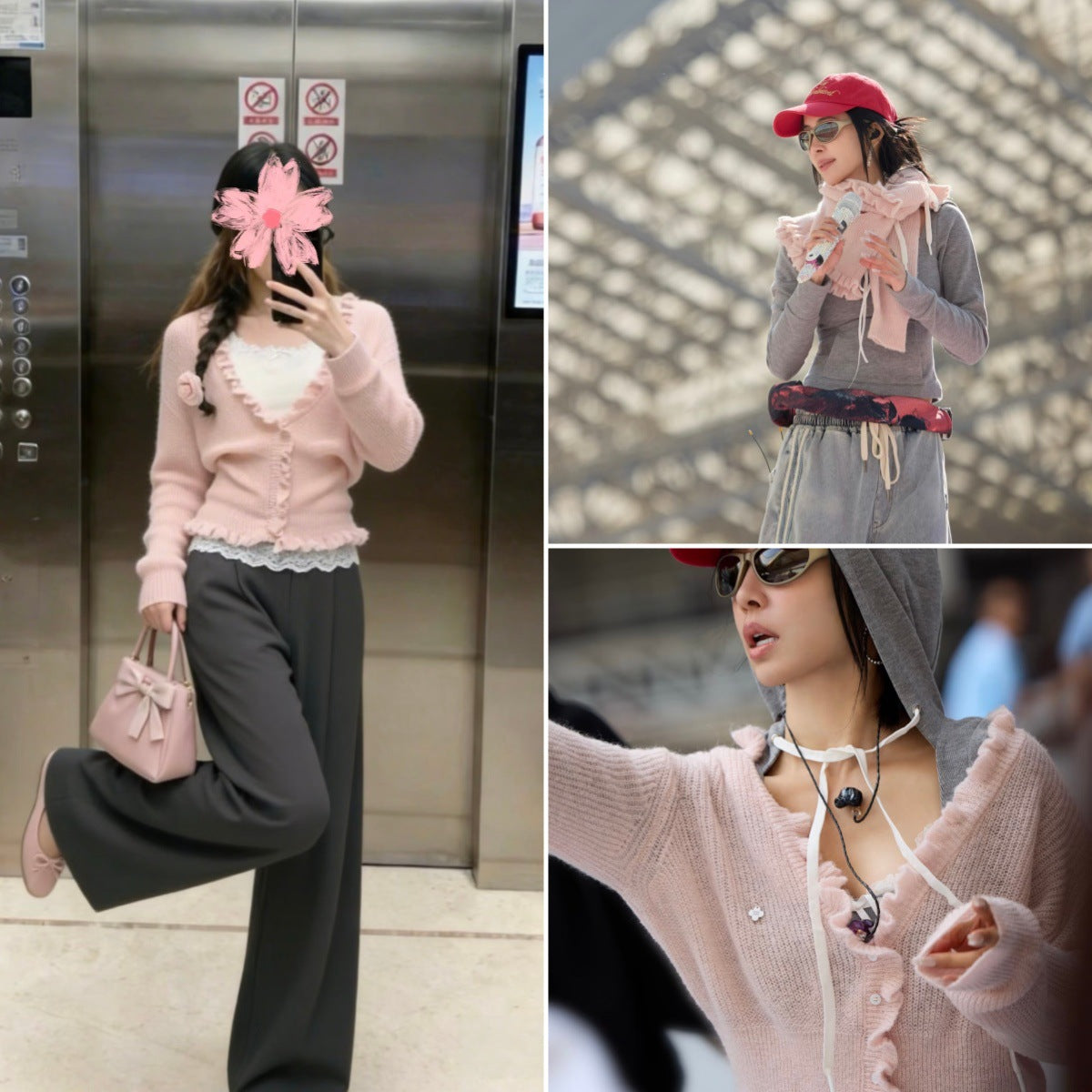 V-neck Knitted Cardigan Paired with a Top Featuring a Ruffled Hem